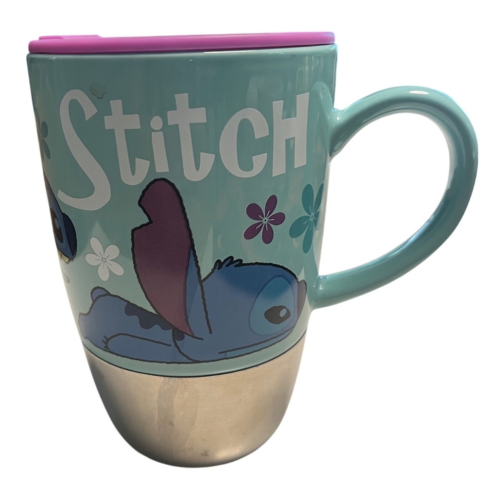 Disney Store Lilo & Stitch Ceramic Travel Mug Stainless Steel Base Pink Lid